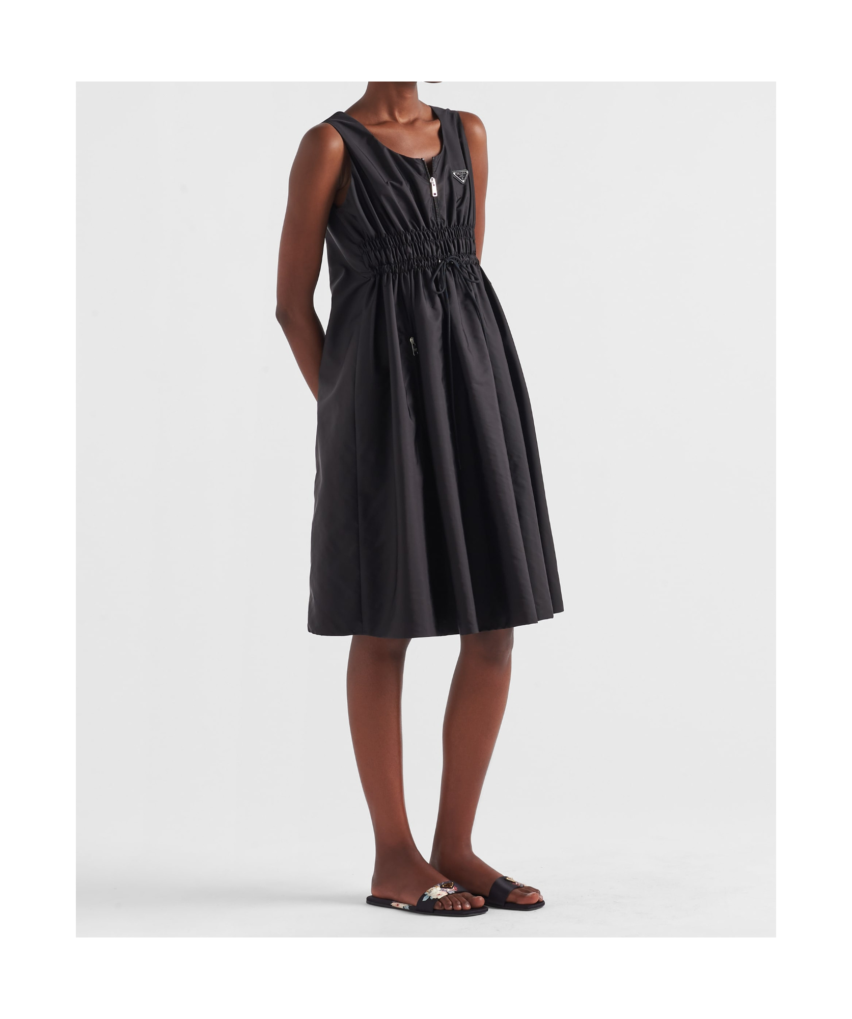 Prada Re-nylon Zip-front Recycled-polyamide Midi Dress In Black