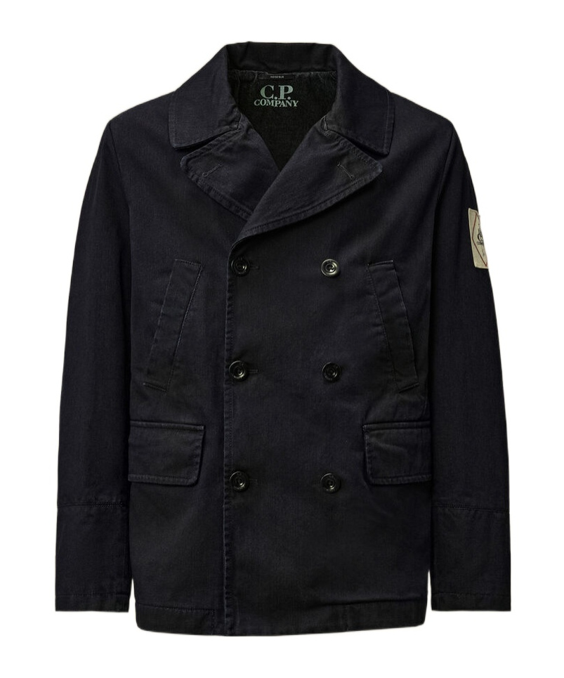 C.p. Company 3/4 Plated Denim Pea Coat In Black