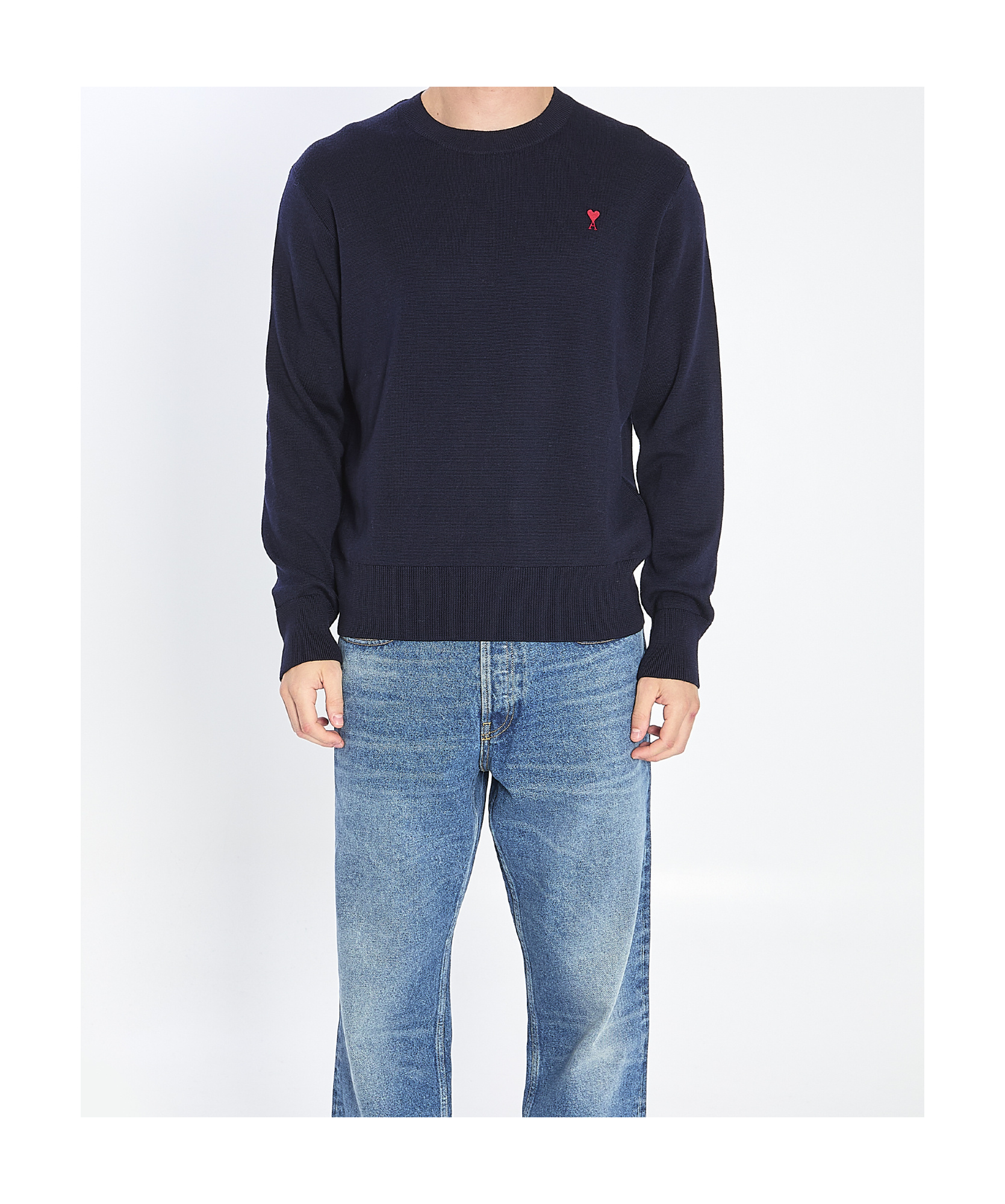 Ami Alexandre Mattiussi Ami Navy Blue Cotton Jersey Sweater With Signature Embroidered Motif In Blue