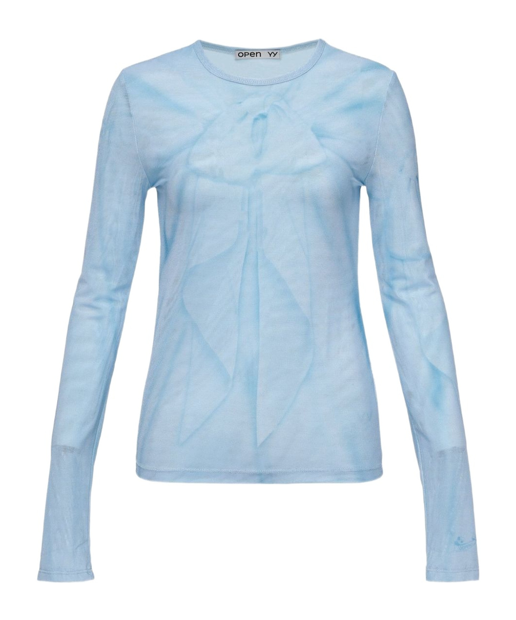 Open Yy Ribbon Print Mesh Long-sleeved T-shirt In Blue