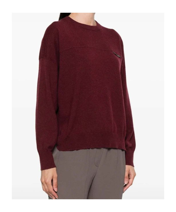 Brunello Cucinelli Crew Neck Cashmere Sweater With Embroidered Detail In Red