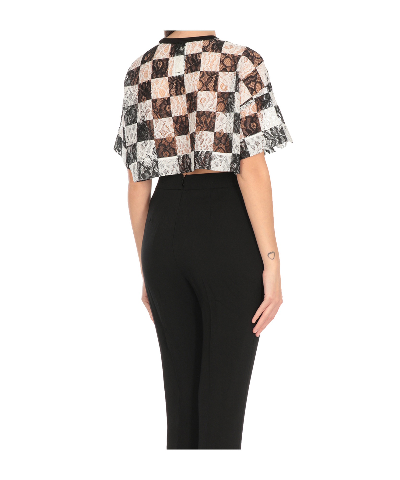 Shop Pinko Checked Cropped Lace T-shirt In White