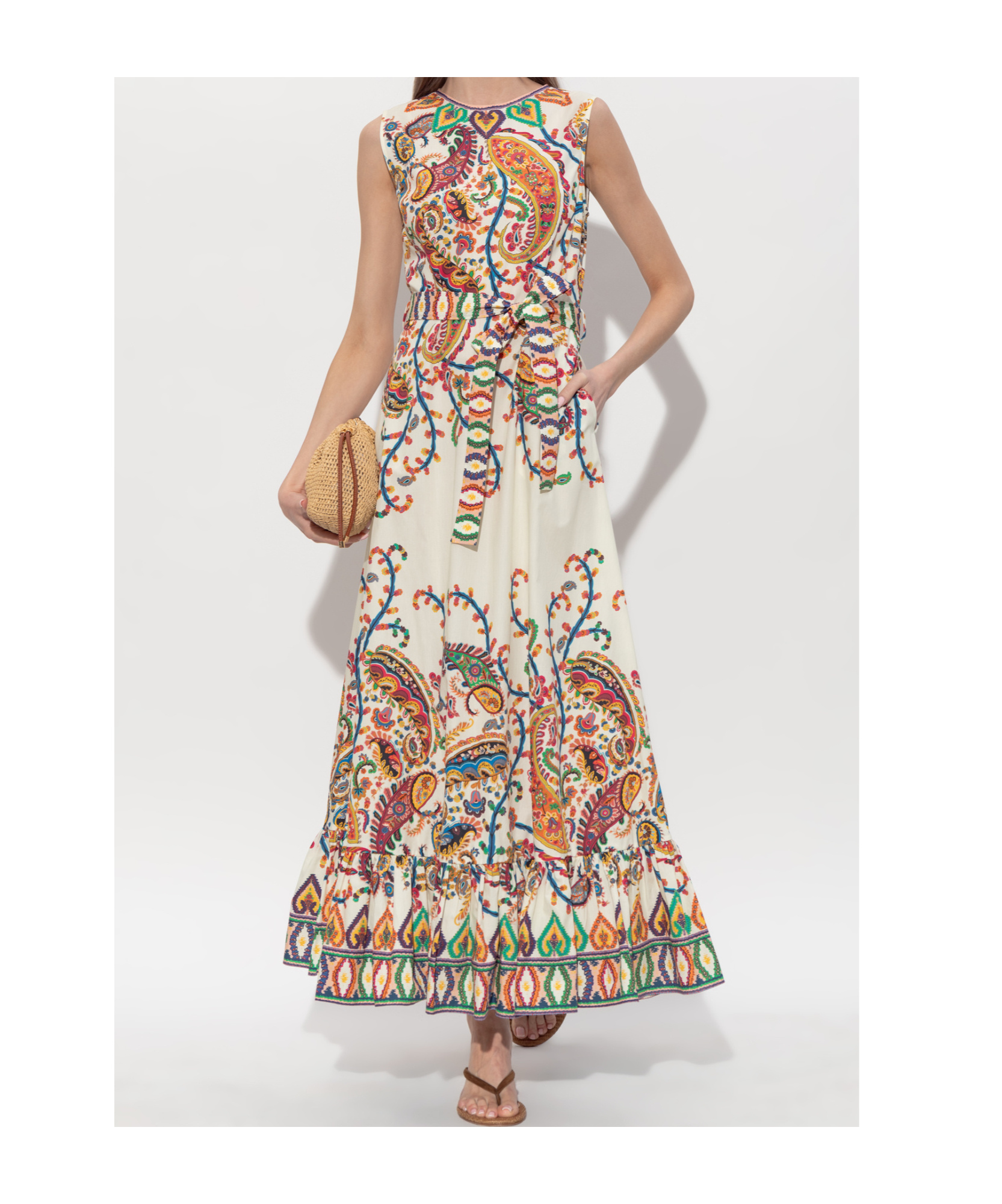 Etro Long Cotton Dress With Placed Floral Paisley Print In Multi