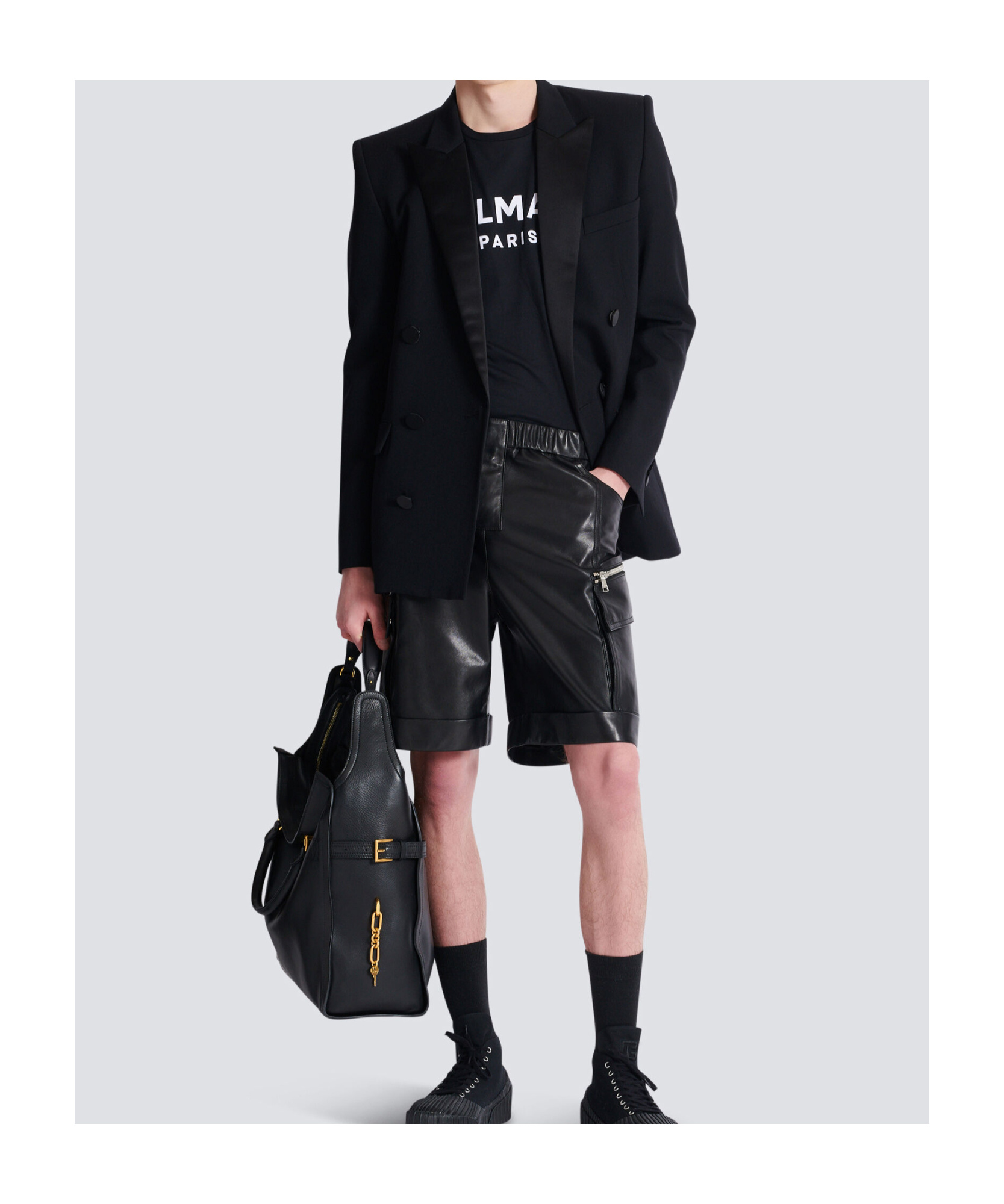 Balmain Leather Cargo Bermuda Shorts In Black