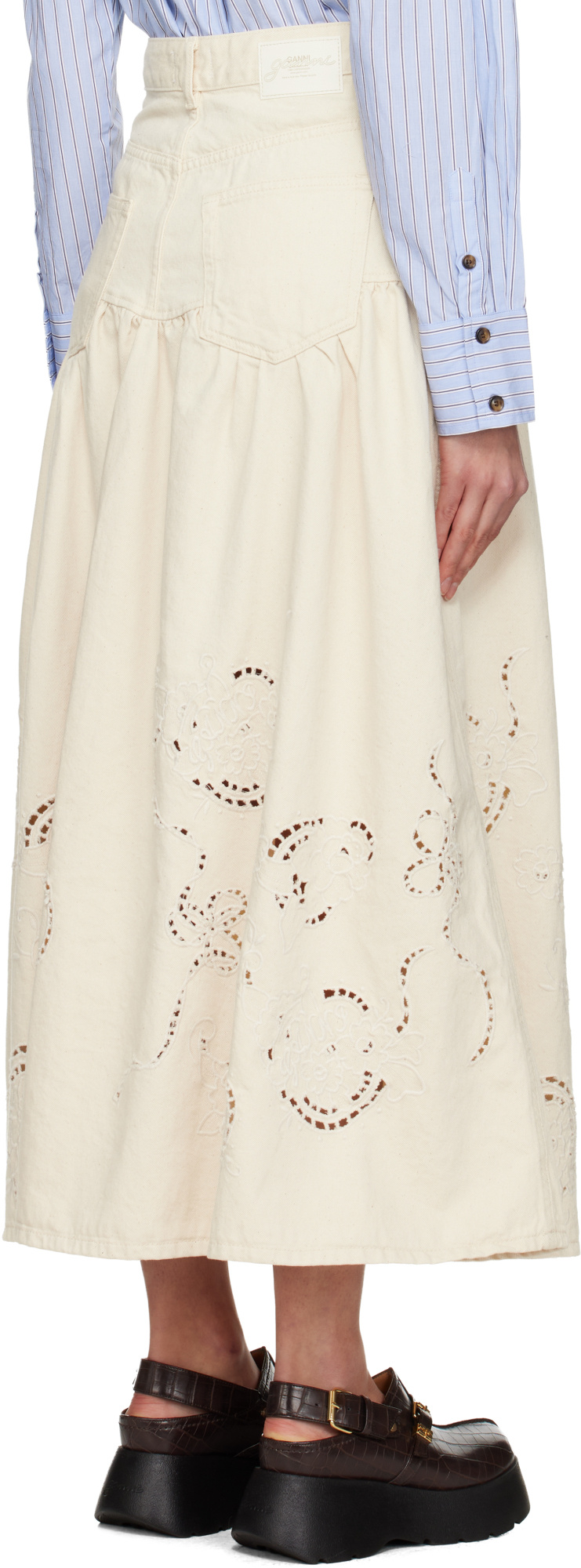 Ganni Embroidered Denim Skirt In Neutral