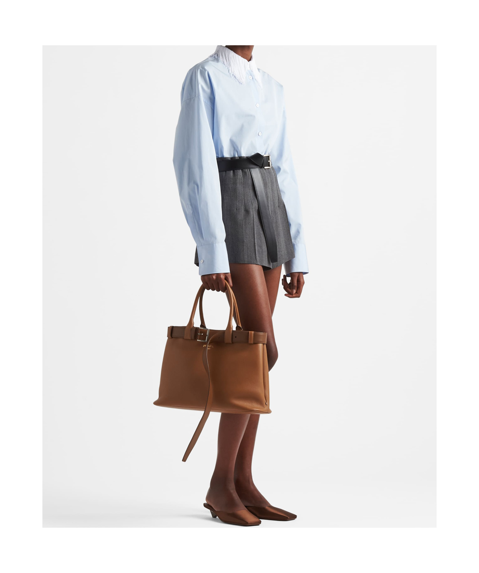 Prada Buckle Large Leather Handbag With Belt In Brown