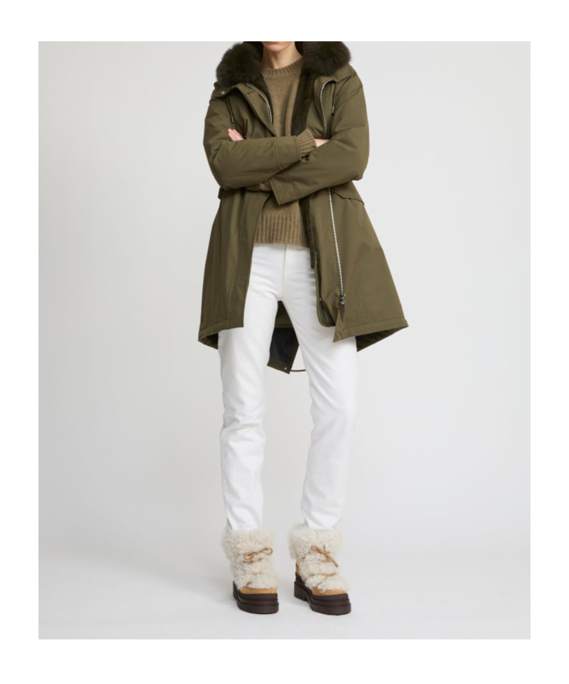 Yves Salomon Long Iconic Parka In Waterproof Cotton Blend With Fox And Rabbit Fur In Green