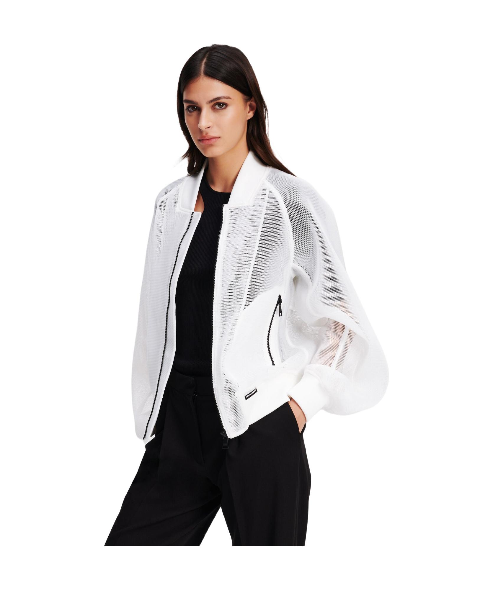 KARL LAGERFELD LOGO-EMBROIDERED MESH BOMBER JACKET