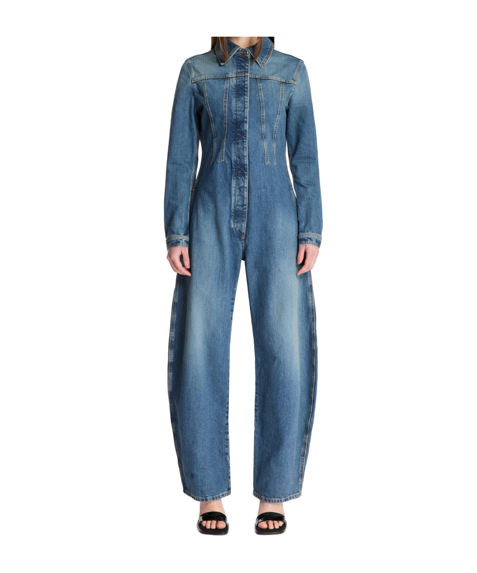 Alaïa Long-sleeve Barrel Wide-leg Denim Jumpsuit In Blue
