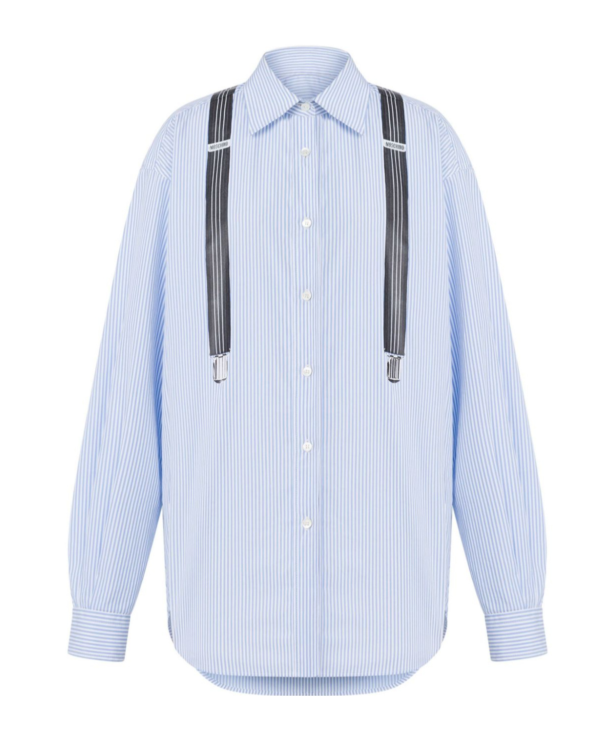 Moschino Couture Light Blue Cotton Striped Shirt With Decorative Straps In Blue