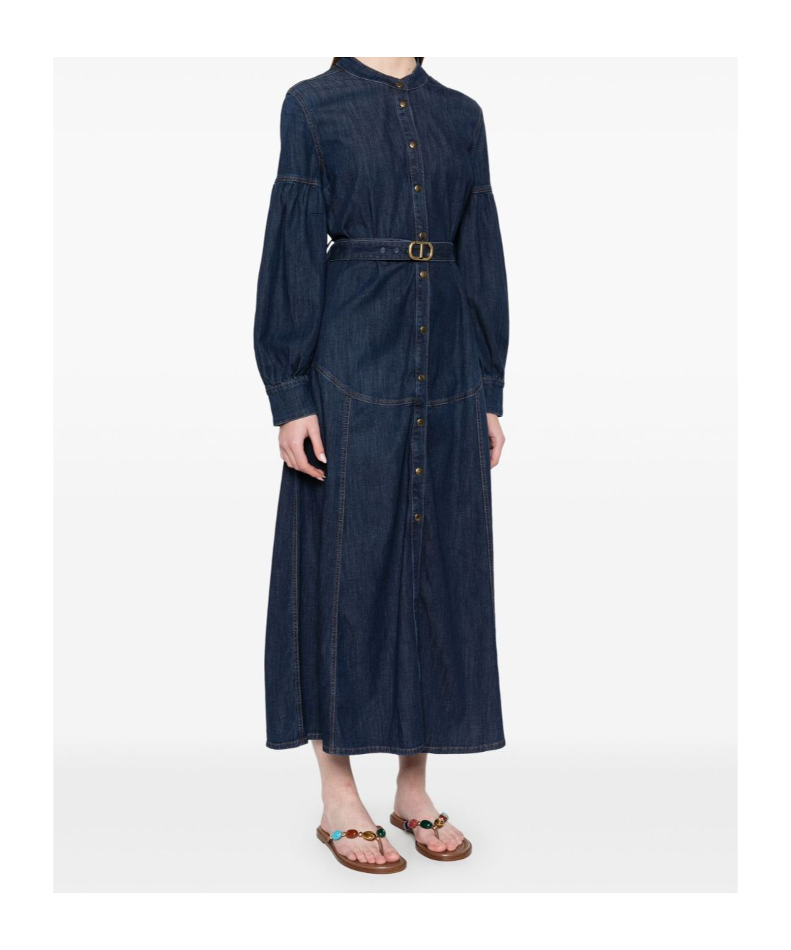 Twinset Denim Midi Dress In Blue With Belted Waist