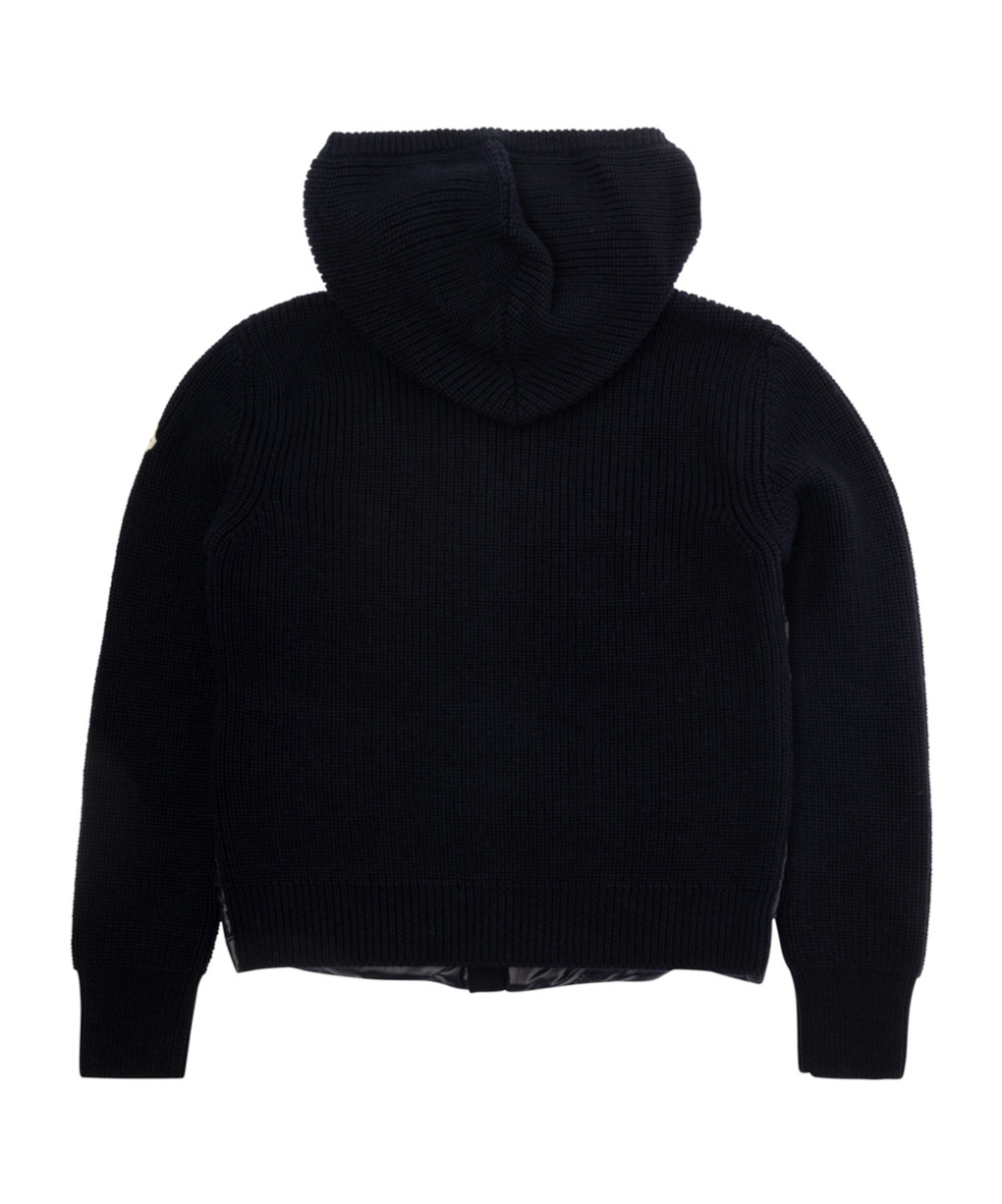 Moncler Black Hooded Cardigan With Logo Patch In Wool And Tech Fabric Boy In Blue