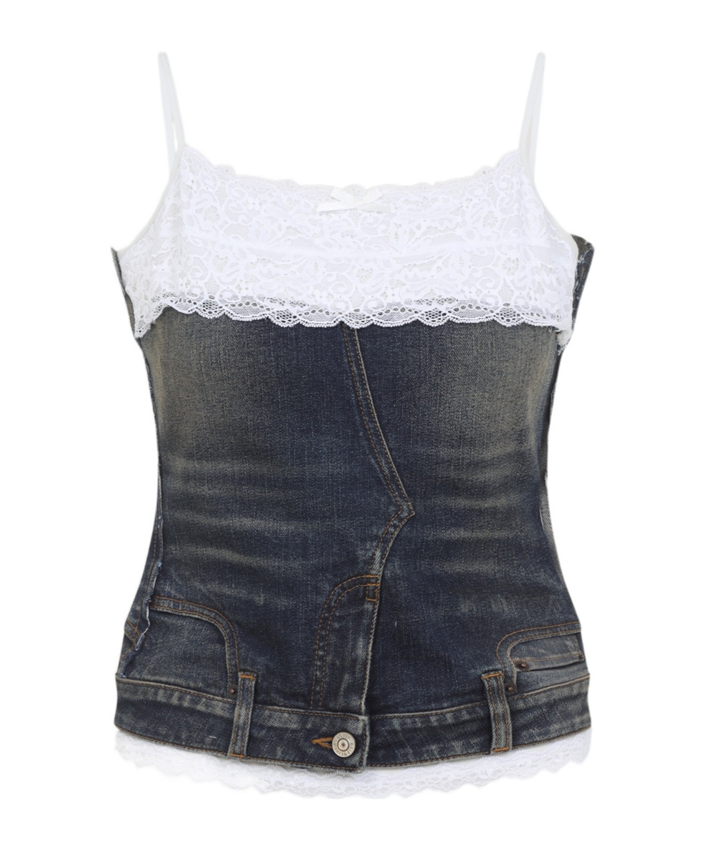 Balenciaga Denim Top With Lace Trim And Rhinestone Embellishments In Blue