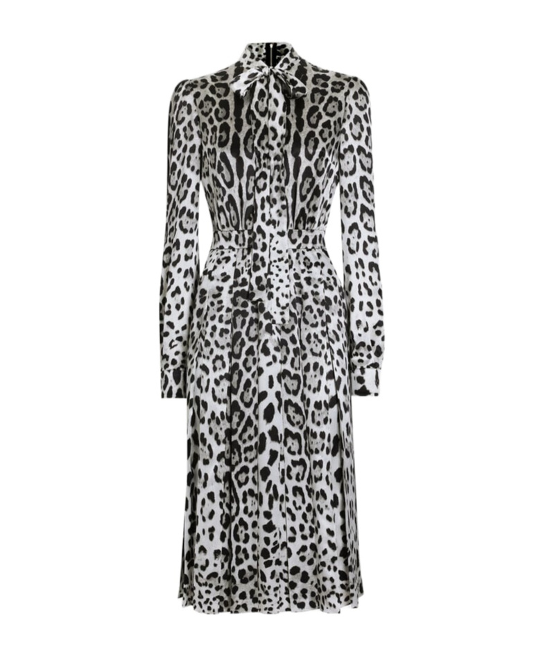 Dolce & Gabbana Satin Calf-length Shirt Dress With Pussy-bow And Leopard Print In Gray