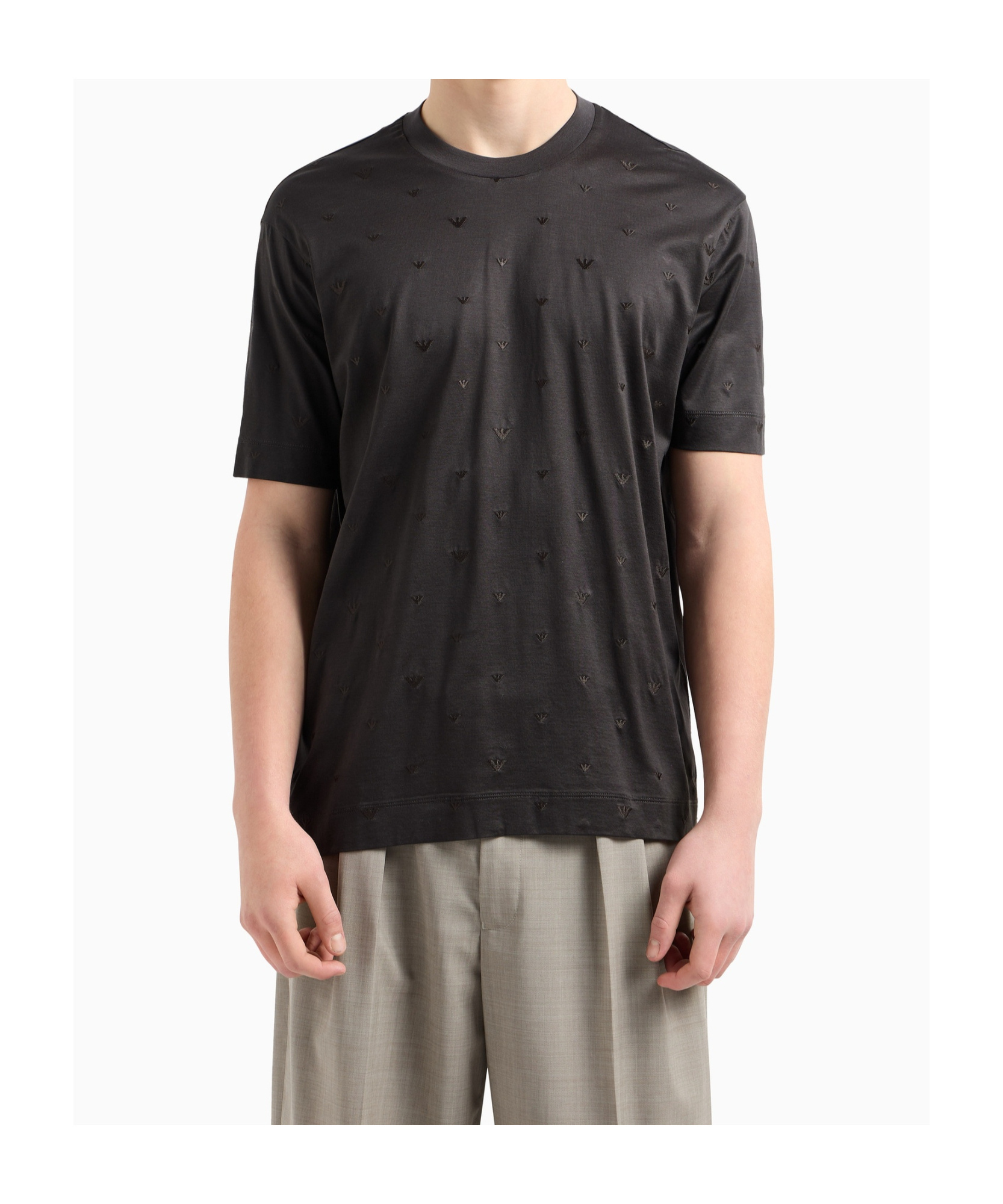 Emporio Armani Asv Lyocell-blend Jersey T-shirt With All-over Micro Eagle Embroidery In Black