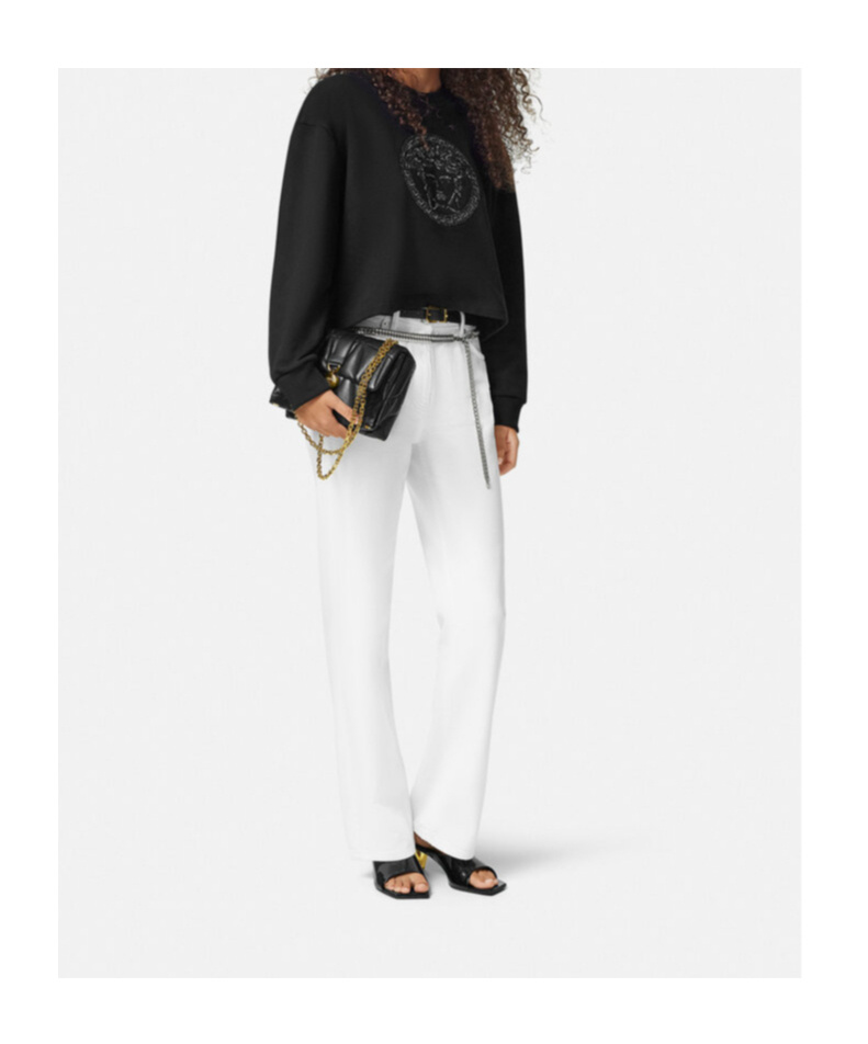 Versace Women's Sweatshirt Medusa With Crystal And Lurex Embroidery Yd Cotton Fleece In Black