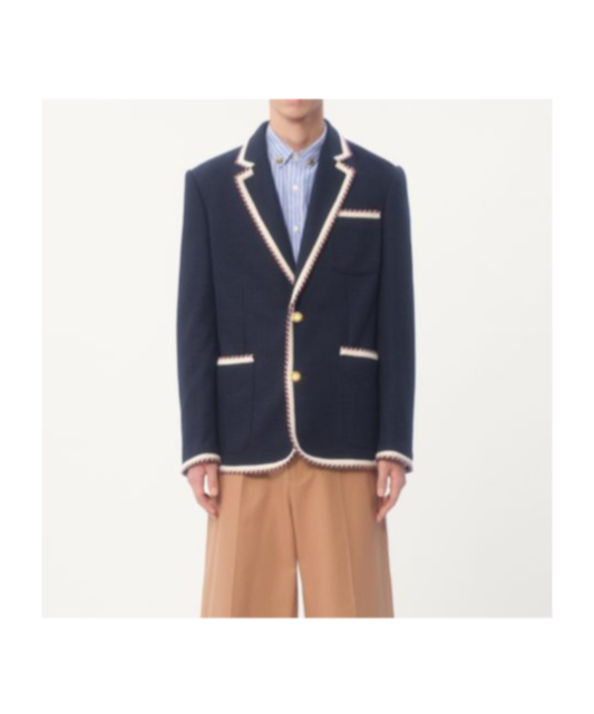 Valentino Blue Jersey Blazer With Torchon Piping In Black