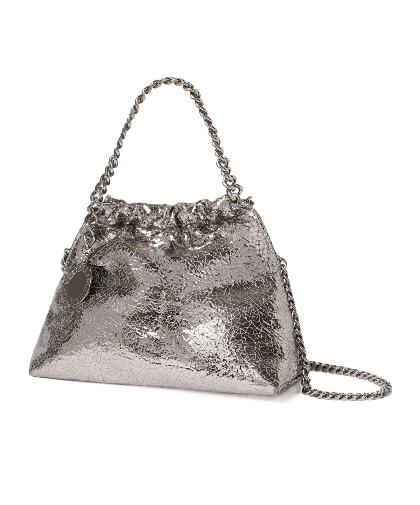 Stella Mccartney Falabella Cracked Metallic Drawstring Crossbody Bag In Gray