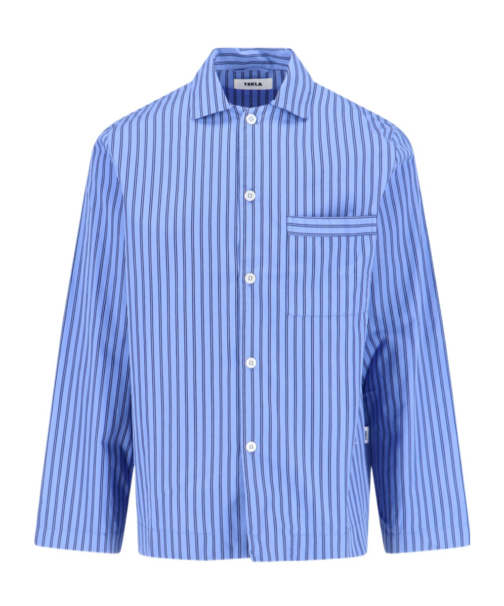 Tekla Camp-collar Striped Organic Cotton-poplin Pyjama Shirt In Blue