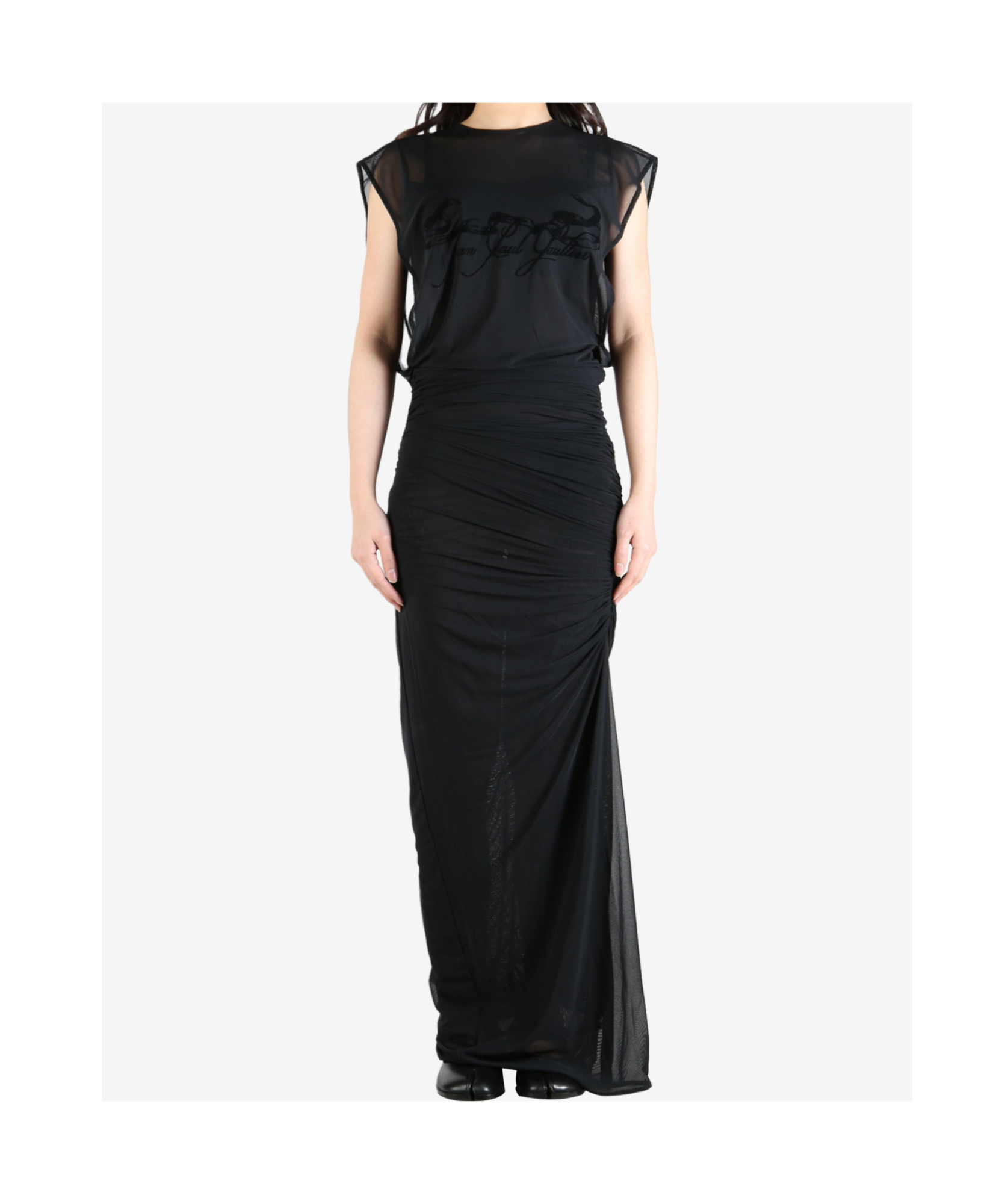 Jean Paul Gaultier Flock 'tattoo Ruban' Open Back Mesh Sleeveless Dress In Black