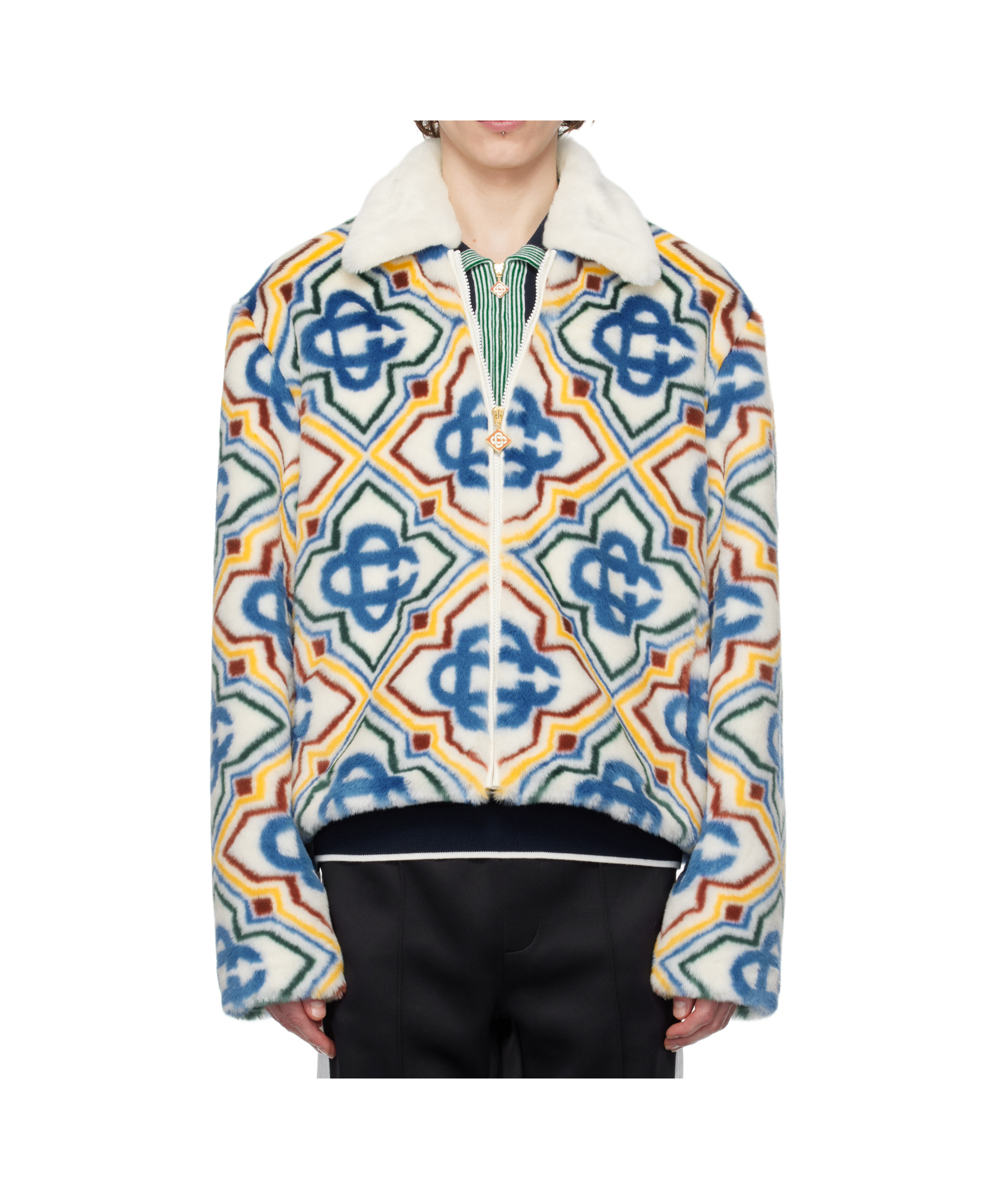 Casablanca Collared Faux Fur Jacket Olympic Diamond Monogram In Multicolor