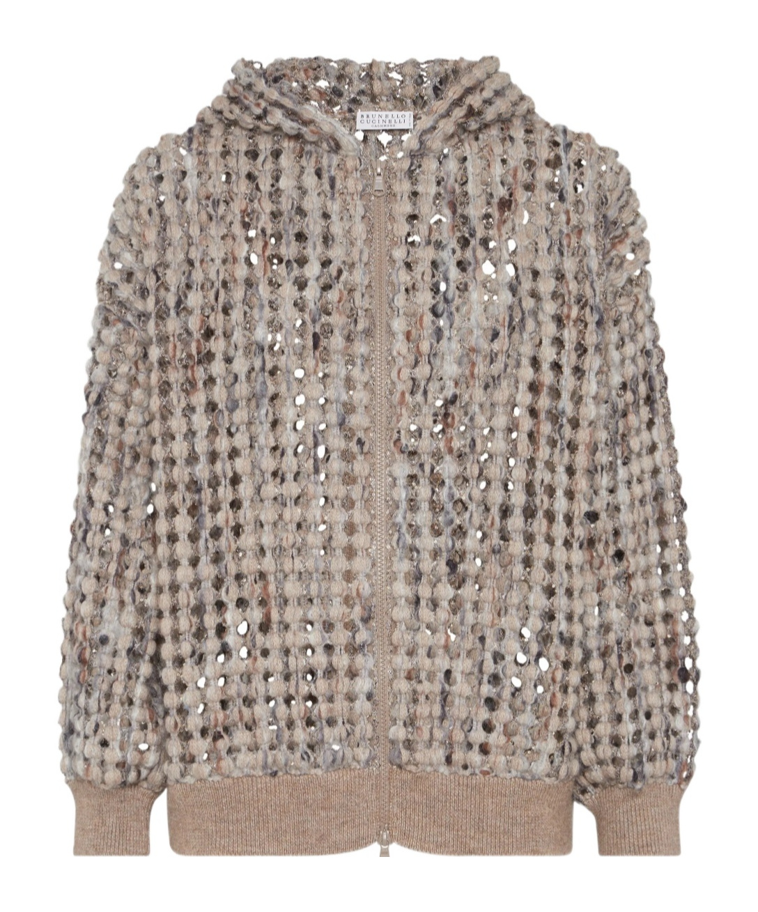 Brunello Cucinelli Pailette Wool-cashmere Net Balloon-sleeve Zip Hoodie In Brown