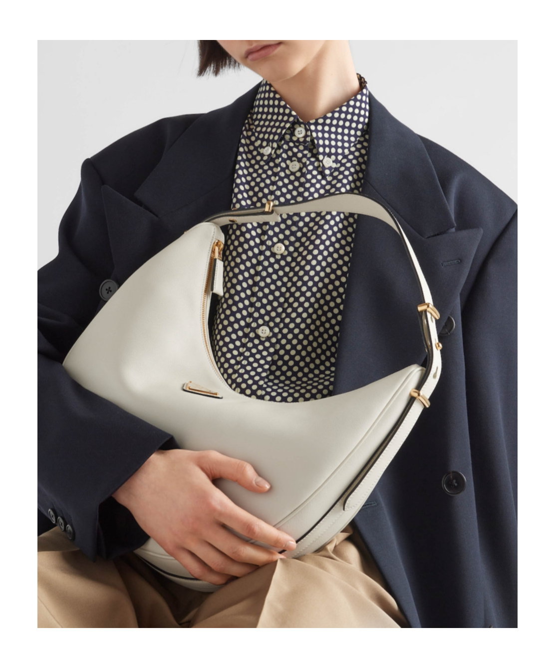 Prada Large Arqué Leather Shoulder Bag In White