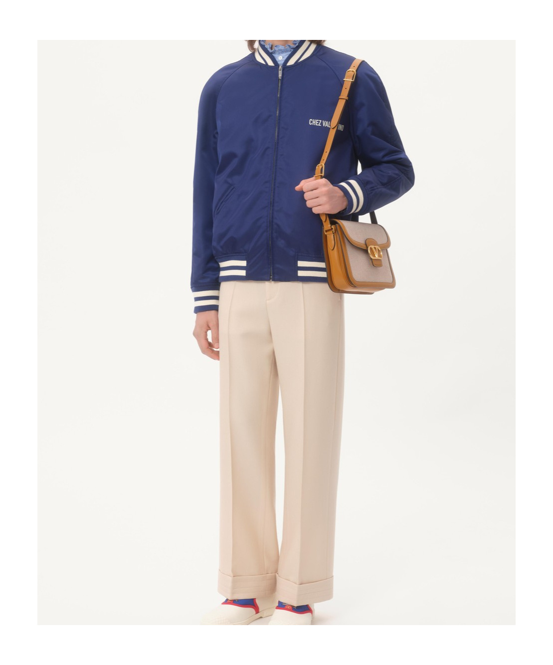 Valentino Blue Bomber Jacket In Printed Polyamide With Zip And High Collar In Blue