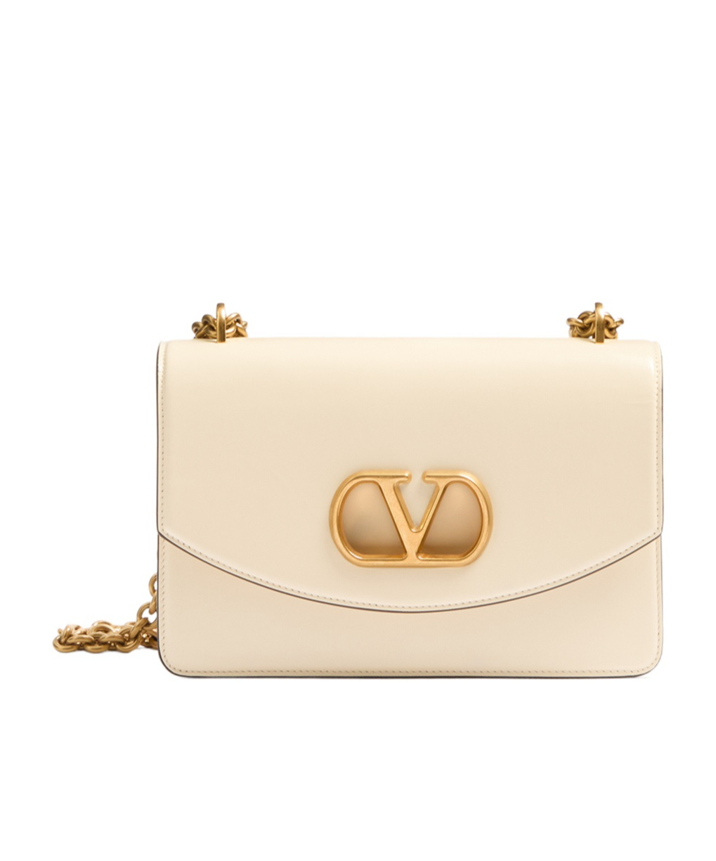 Valentino Garavani Garavani Vain Small Shoulder Bag In Shiny Calfskin Woman Ivory Uni In Nude