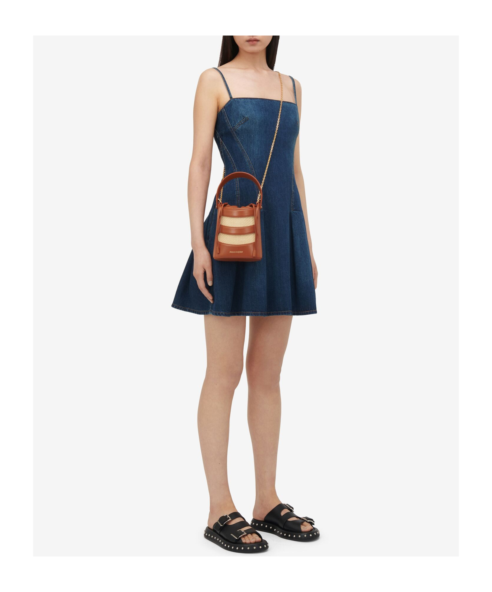 Alexander Mcqueen Women Two-tone Leather And Raffia Mini The Rise Bucket Bag In Brown