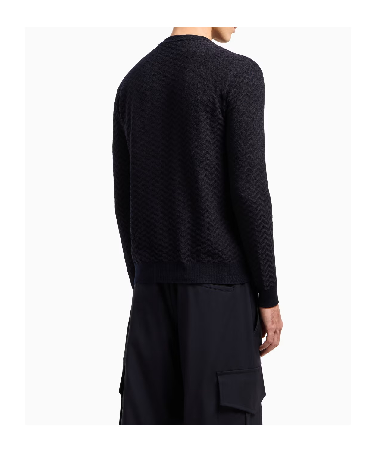 Giorgio Armani Plated Chevron Virgin Wool, Crew-neck Jumper In Blue