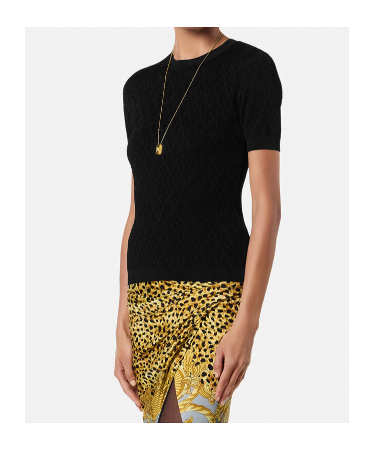 Versace V Allover Jacquard Fitted Knit T-shirt In Black