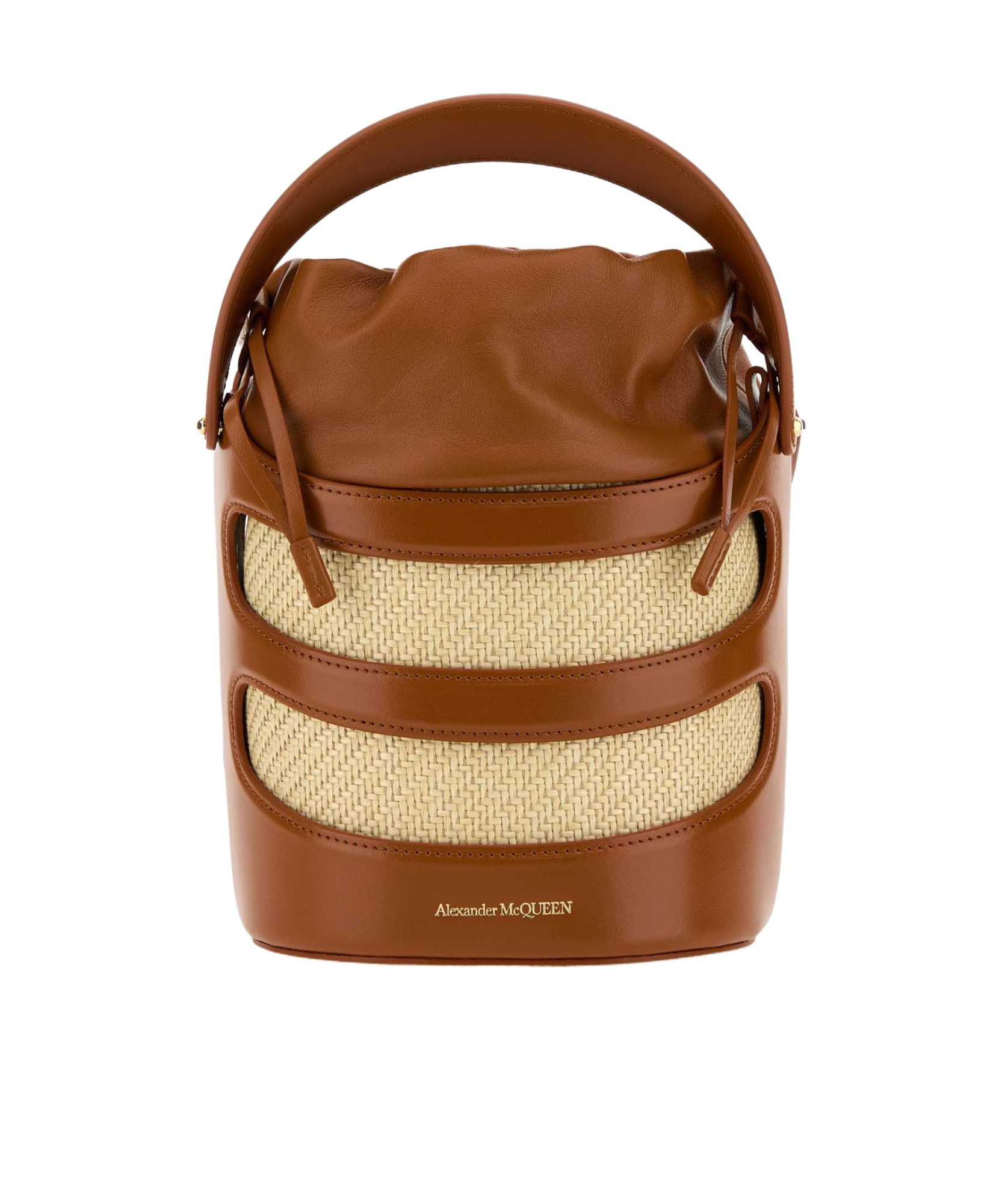 Alexander Mcqueen Women Two-tone Leather And Raffia Mini The Rise Bucket Bag In Brown