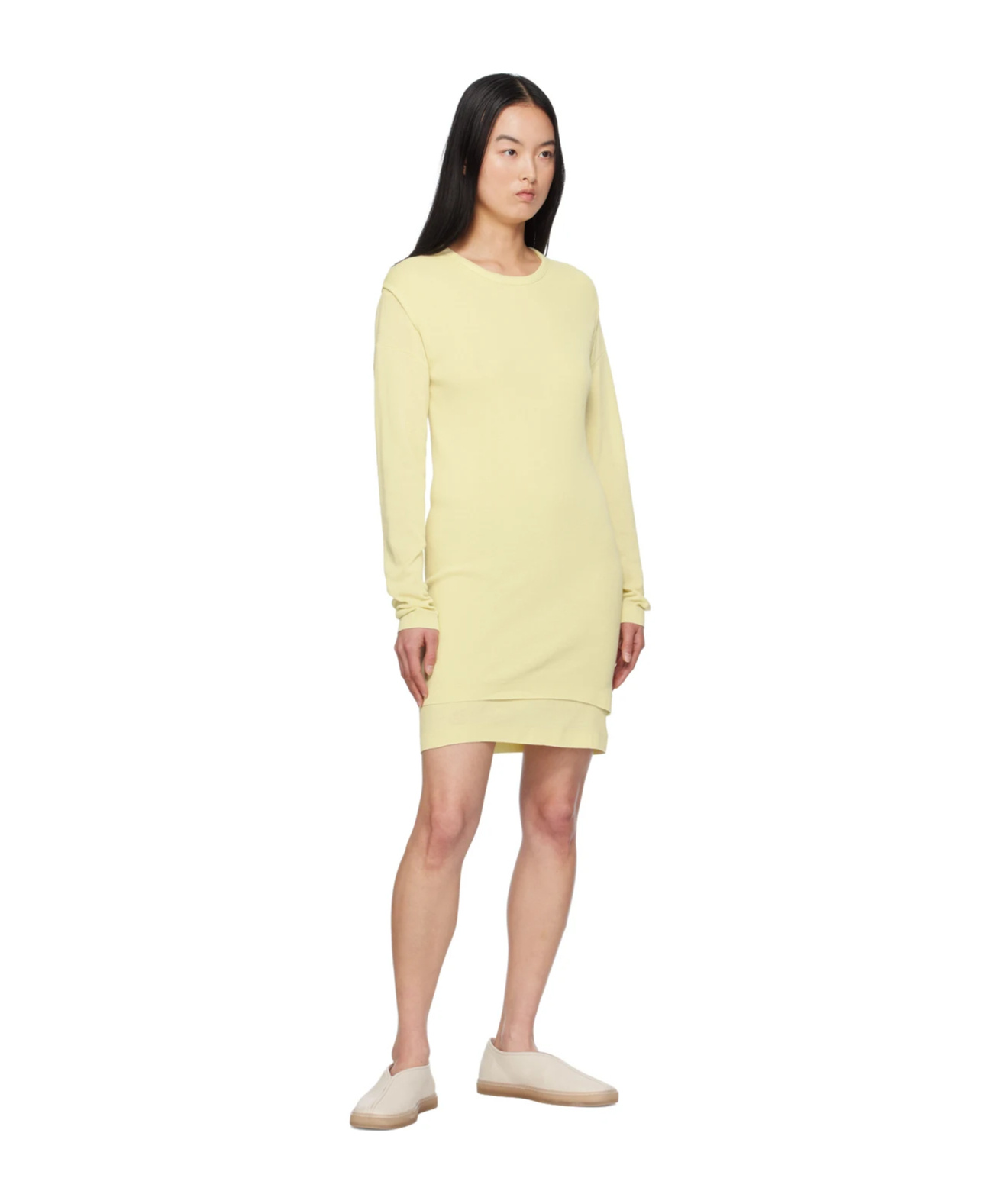 Lemaire Crew Neck Cotton Dress With Long Sleeves In Yellow