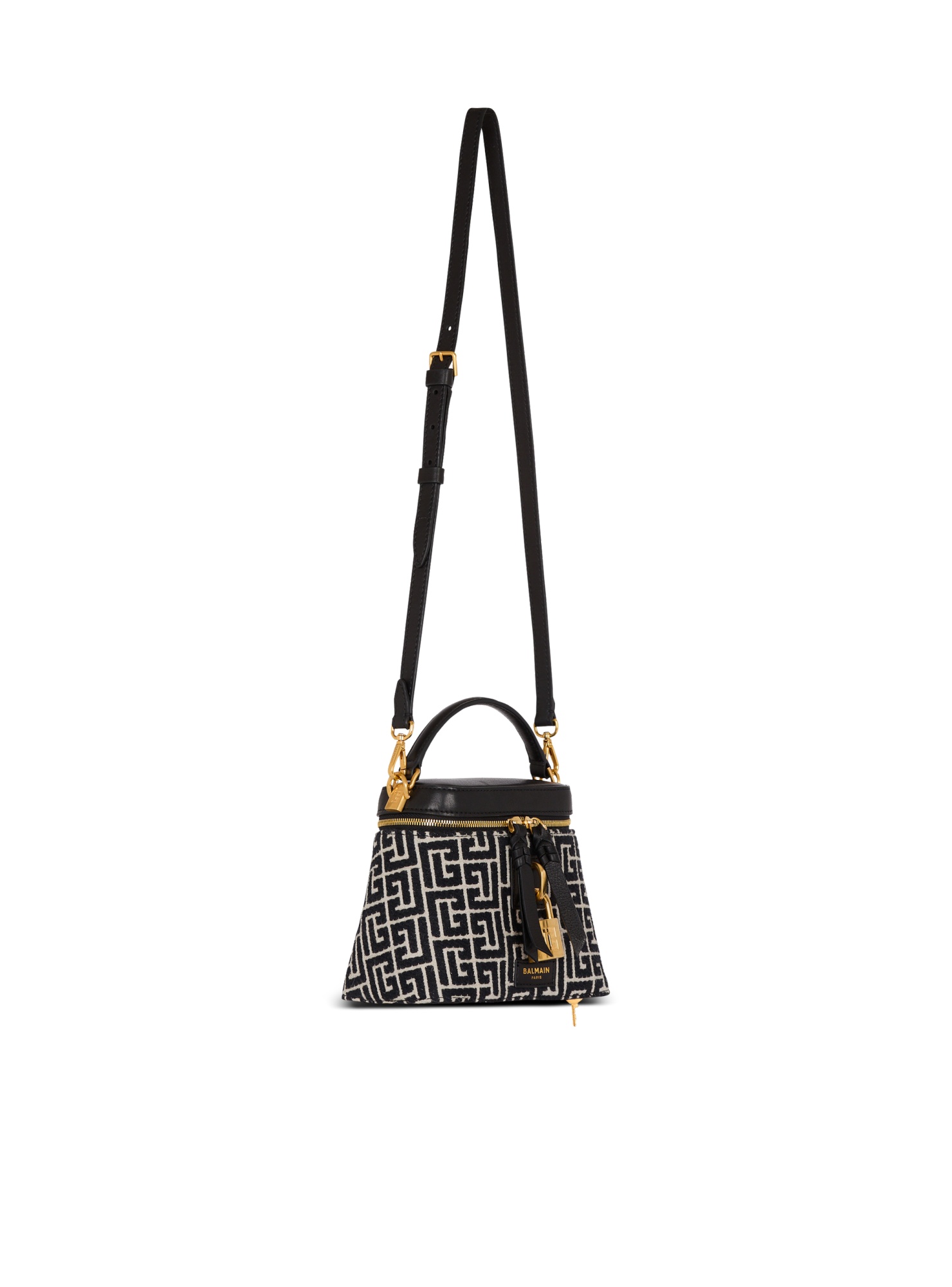 Balmain Pulse Vanity Bag In Monogrammed Jacquard Canvas And Leather In Black