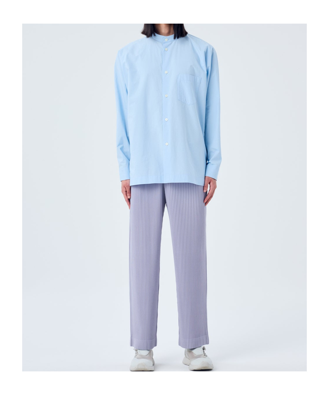 Issey Miyake Poplin Shirt With Chest Pocket And Mandarin Collar In Sky Blue