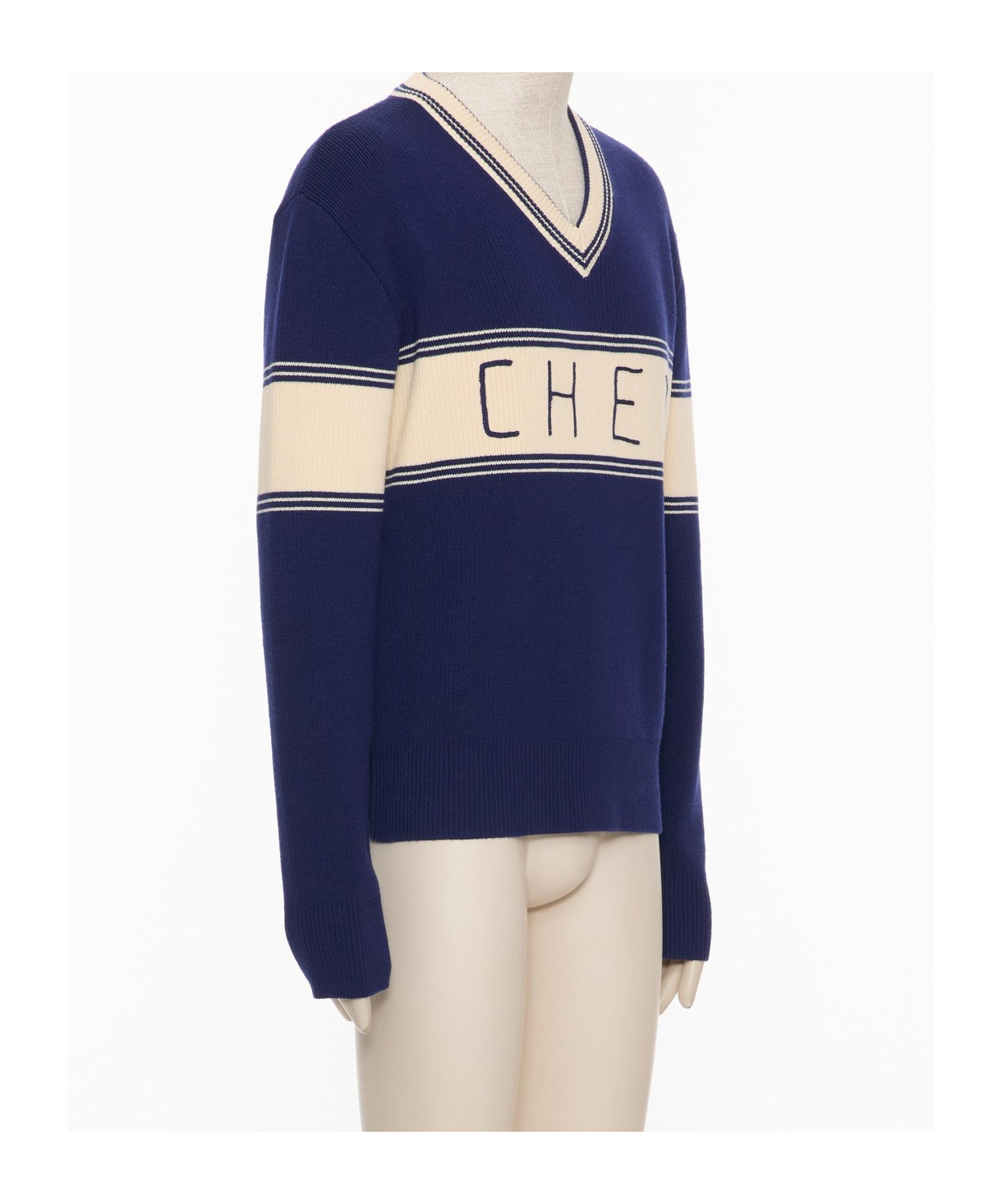 Valentino Embroidered Striped Virgin Wool And Cotton-blend Sweater In Blue