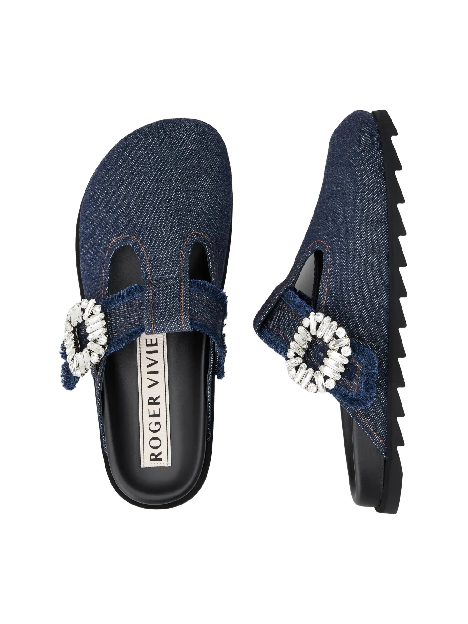 Roger Vivier Slidy Viv Embellished Denim Mules In Blue