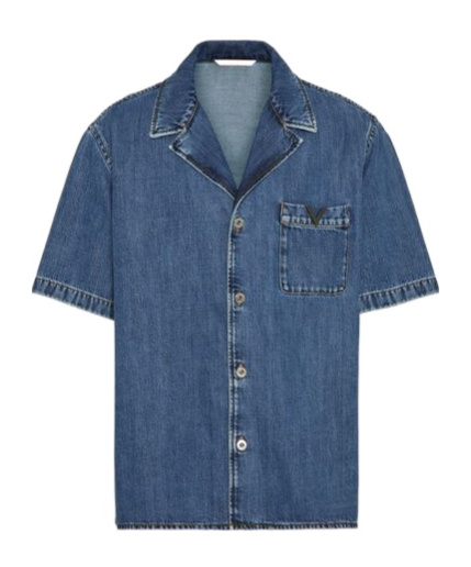 Valentino V-detail Denim Bowling Shirt In Blue