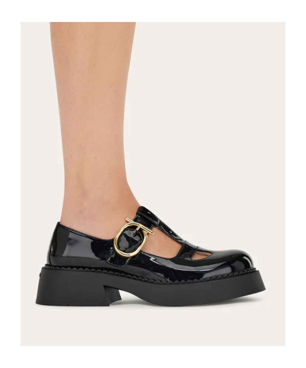 Ferragamo Leather Zoey Ballerinas Chunky Heel In Black