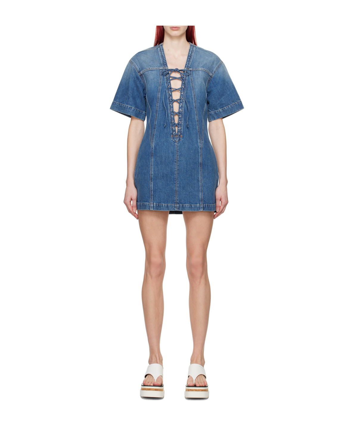 Shop Stella Mccartney Lace-up Short-sleeved Dress In Blue