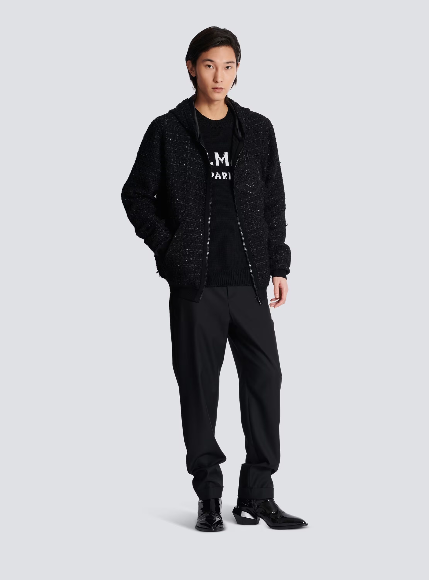 Shop Balmain Tweed Hooded Jacket In Black
