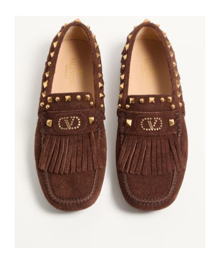 Valentino Garavani Driver Fastaway Loafer With Fringes And Decorative Studs In Brown