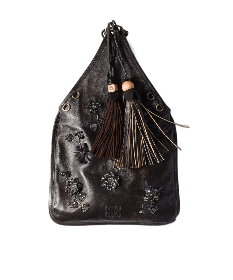 Miu Miu Embroidered Nappa Leather Handbag In Brown