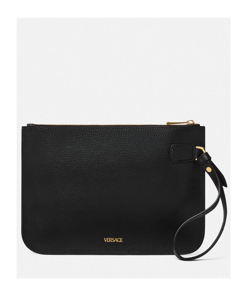 Versace Medusa Plaque Mini Leather Clutch Bag In Black