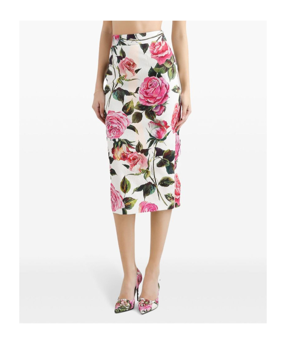 Dolce & Gabbana Rose-print Cotton-blend Midi Skirt In White