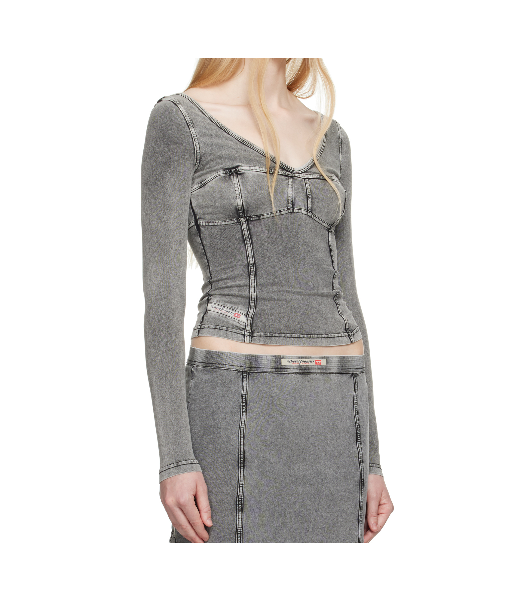 Diesel T-elin Long-sleeve Top With Denim Effect In Grey