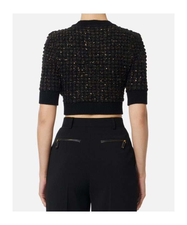 Elisabetta Franchi Bouclé Knit Top With Sequins In Black