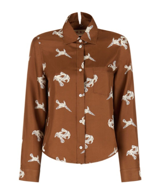 Marni Brown Silk Twill Shirt With Raven Print In Brown