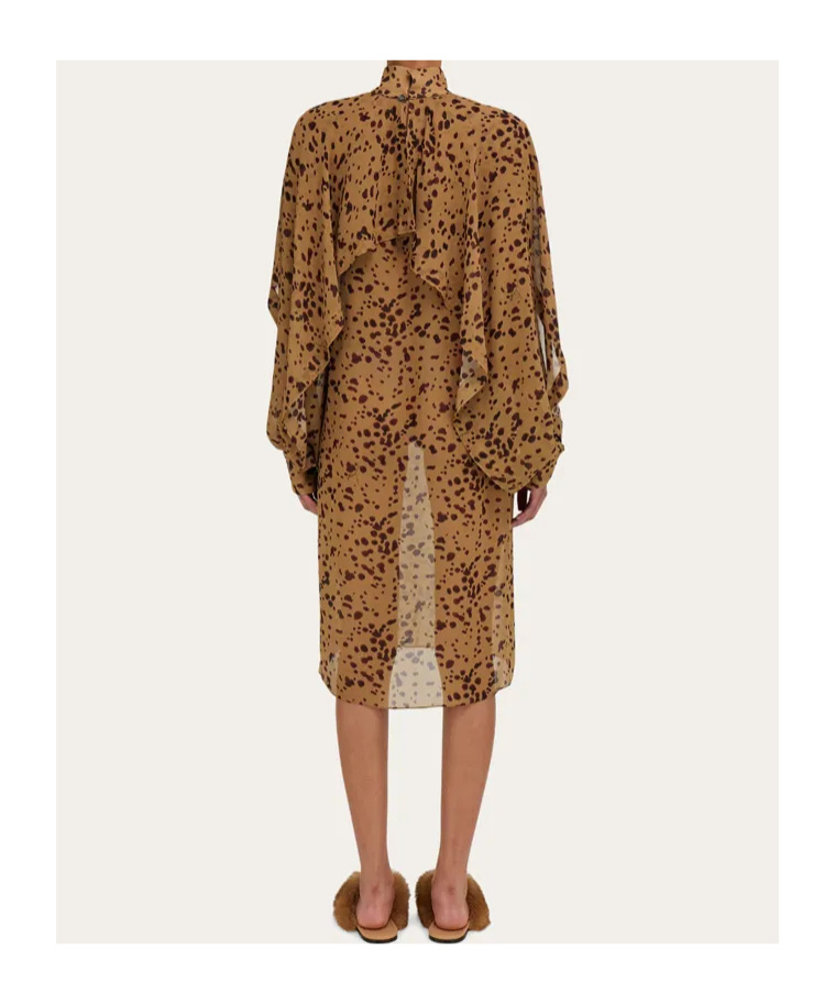 Ferragamo Orchid Print Silk Cape Midi Dress In Brown